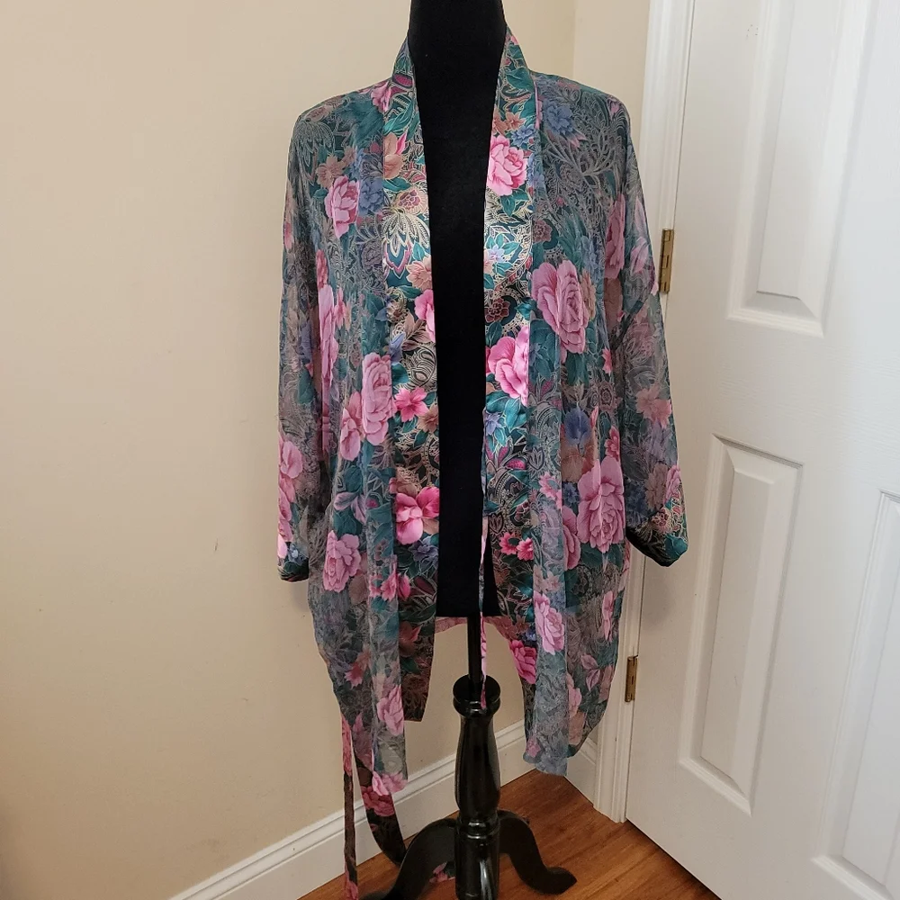 Victoria's Secret Gold Label Vintage Sheer and Satin Green Pink Floral Robe OS